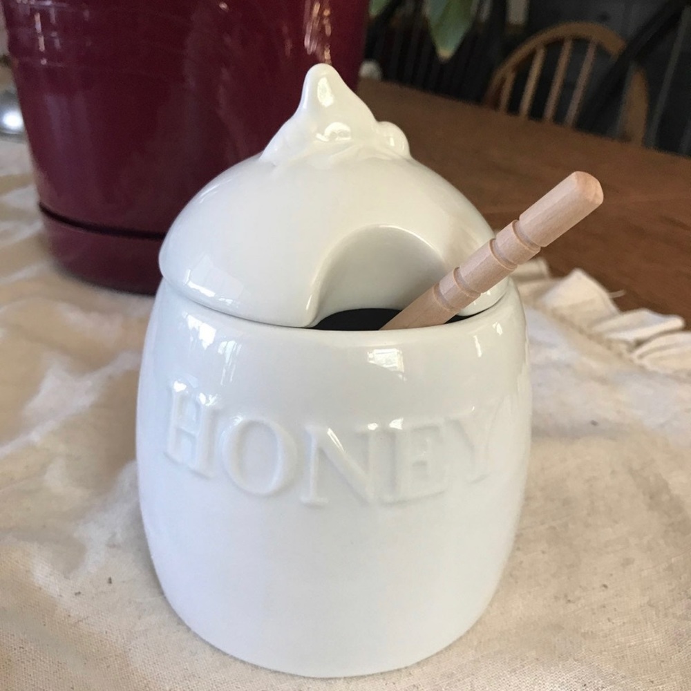 White Ceramic honey pot with lid and wooden beehive honeycomb dipper bee figure